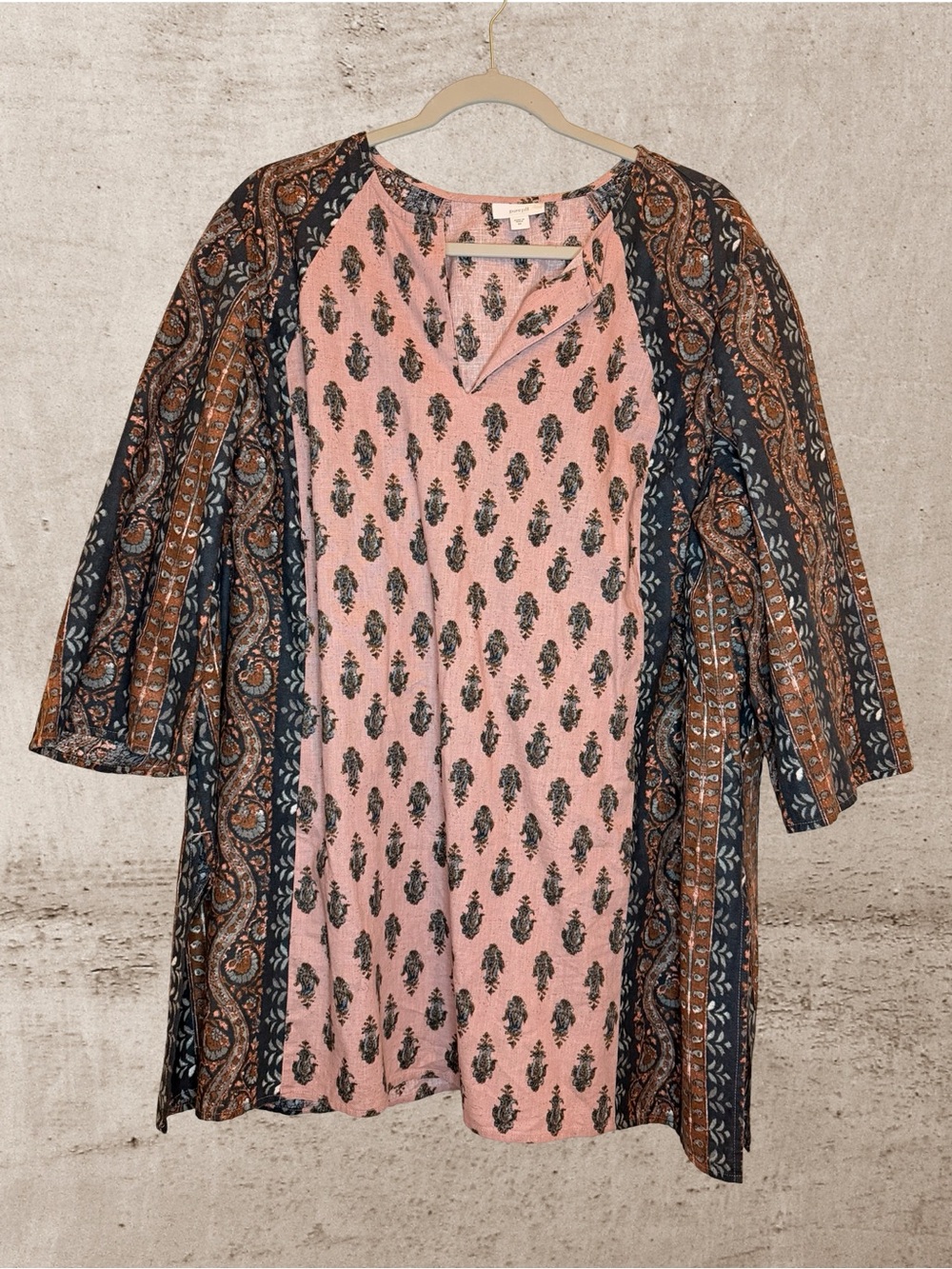 Pure Jill Block Print Lagenlook Boho Tunic Pink Navy Cotton Linen 2X - Picture 2 of 7